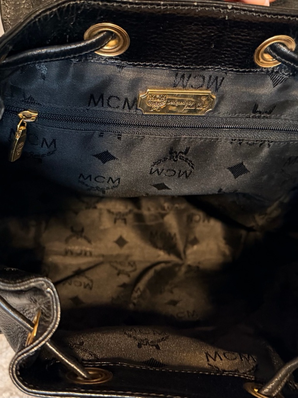 MCM Black Leather Backpack with Gold Logo Accents - Picture 8 of 11